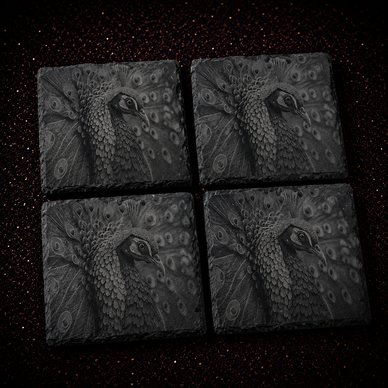 Laser Engraved Peacock Slate Coasters | Natural Stone Home Décor