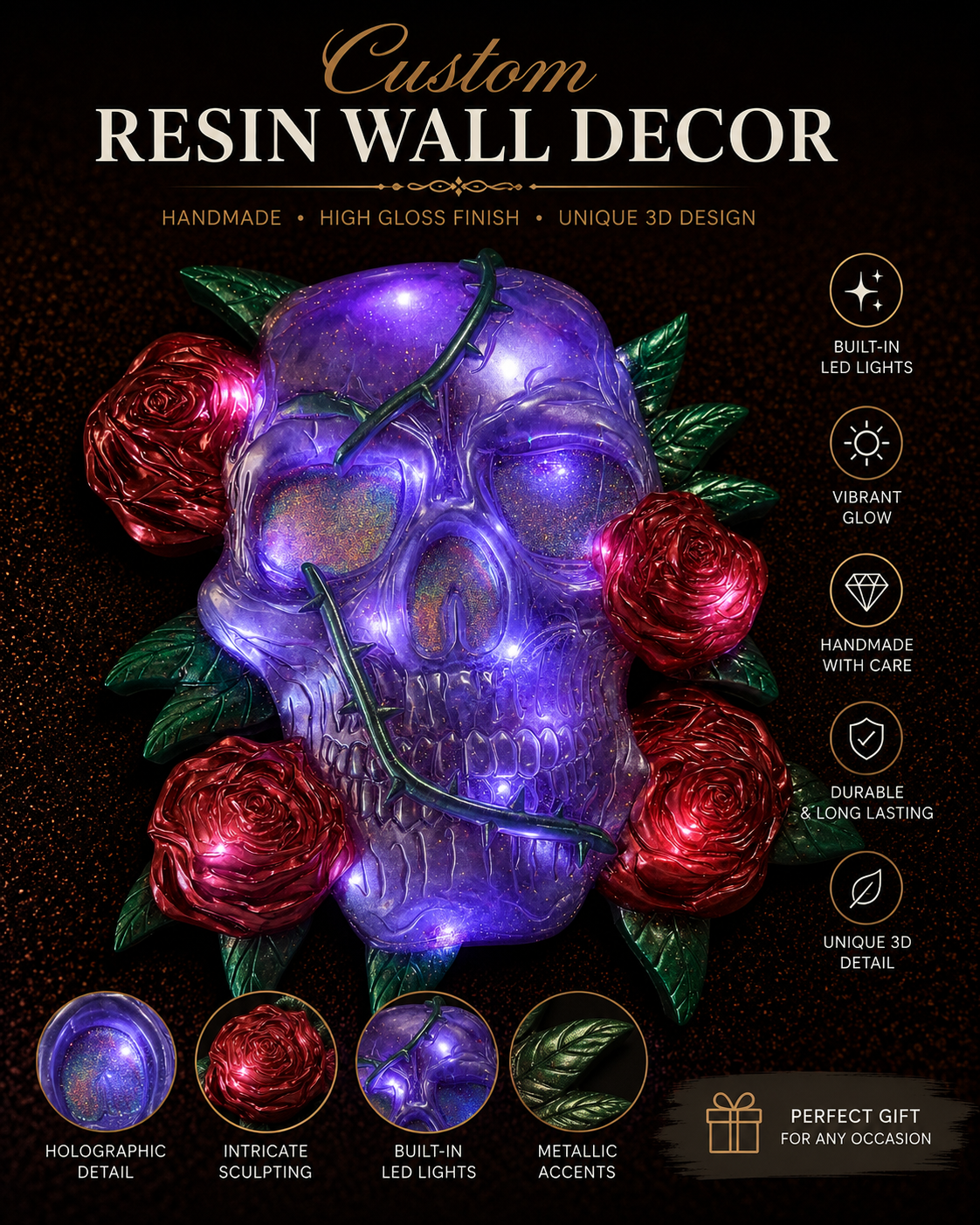 Holographic LED Resin Skull Wall Decor