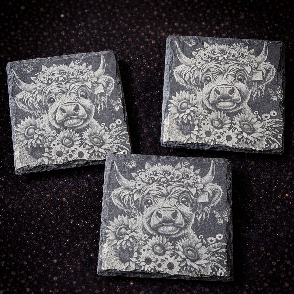 Highland Cow Floral Slate Coaster Set | Black & Grey Rustic Farmhouse Drink Coasters
