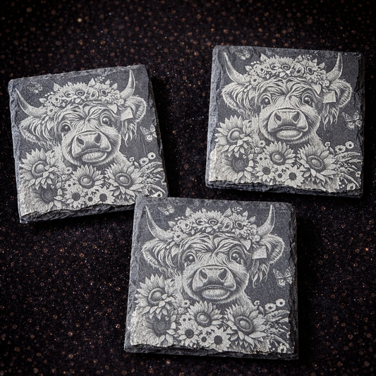 Highland Cow Floral Slate Coaster Set | Black & Grey Rustic Farmhouse Drink Coasters