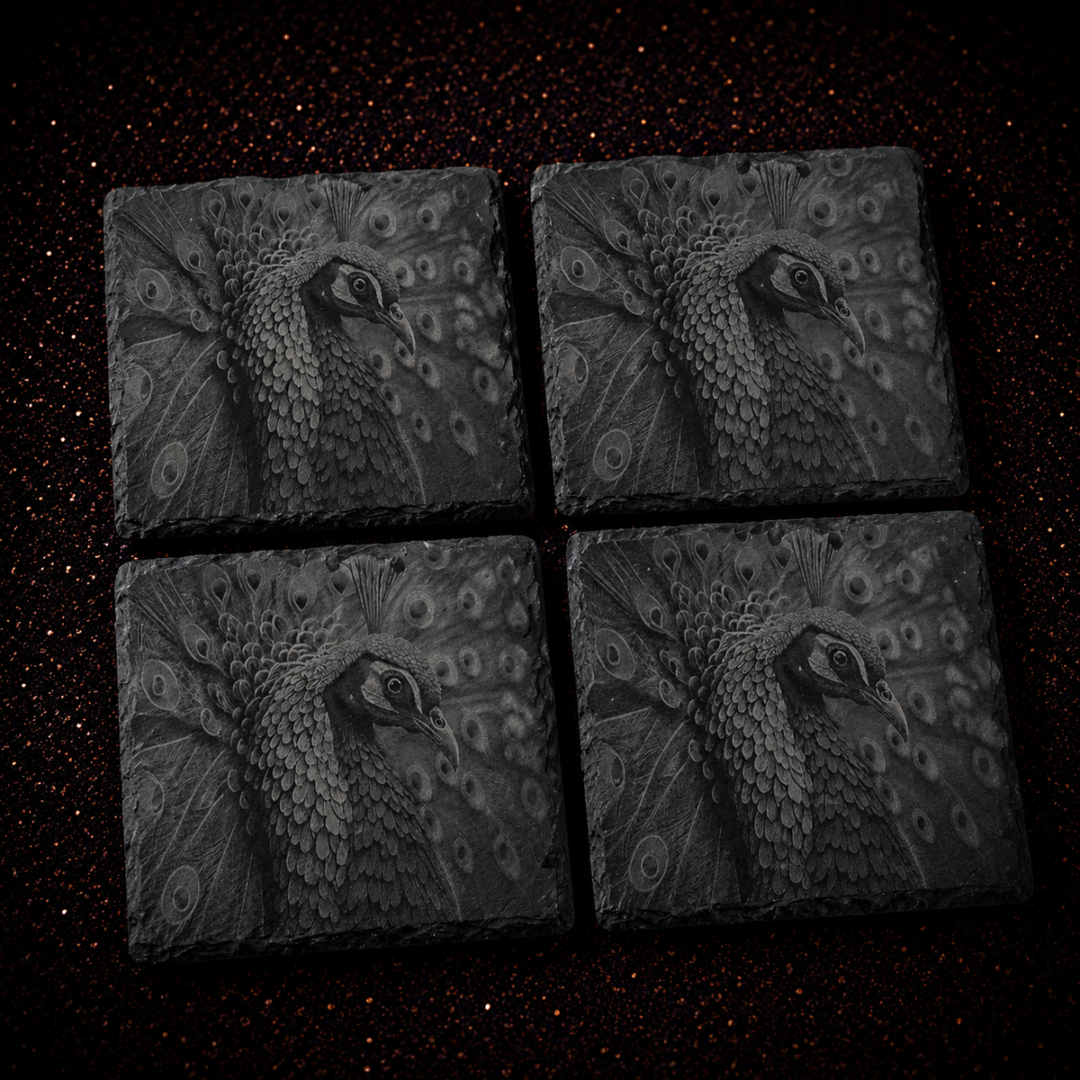 Laser Engraved Peacock Slate Coasters | Natural Stone Home Décor