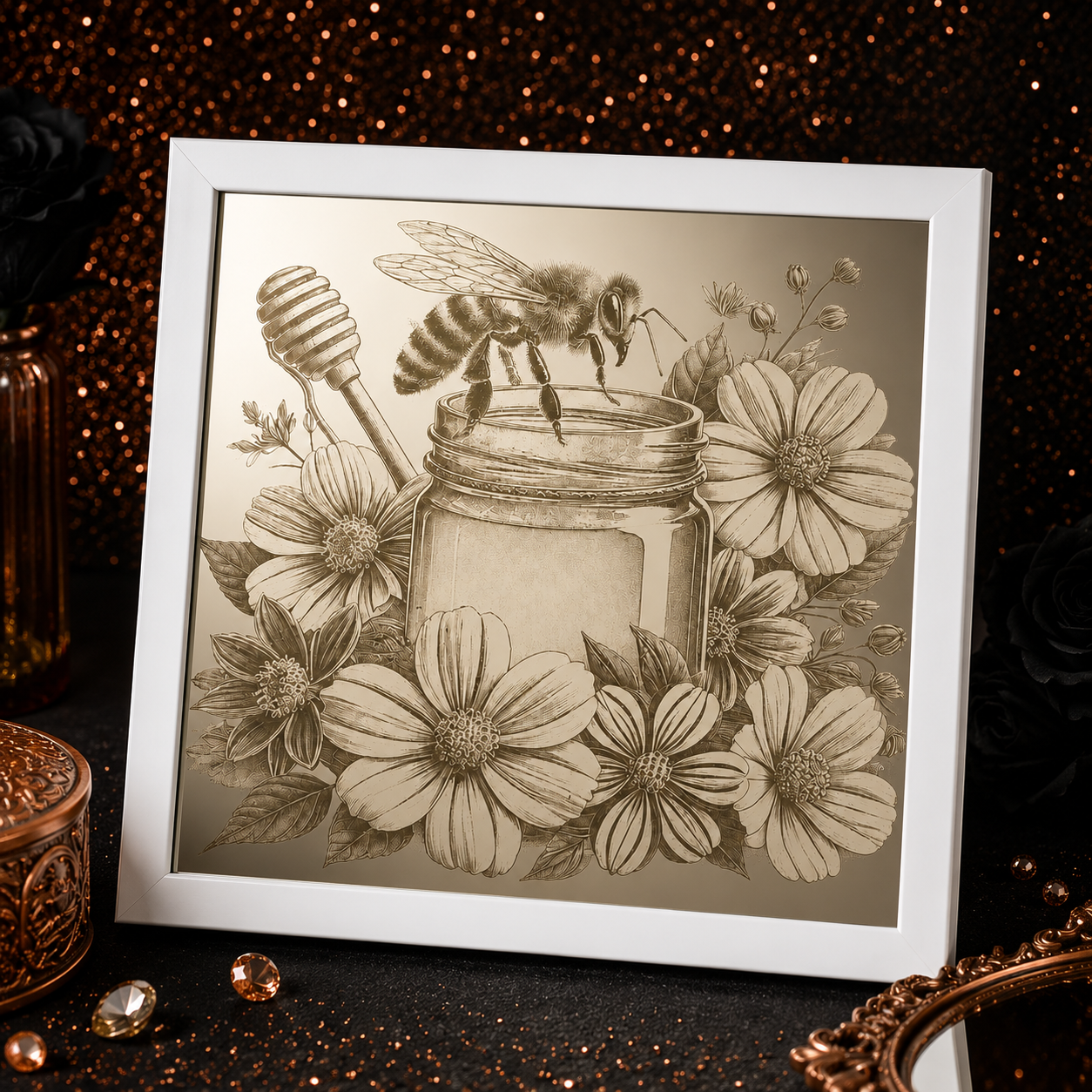 Laser Engraved Floral Bee Mirror | Rustic Farmhouse Wall Decor