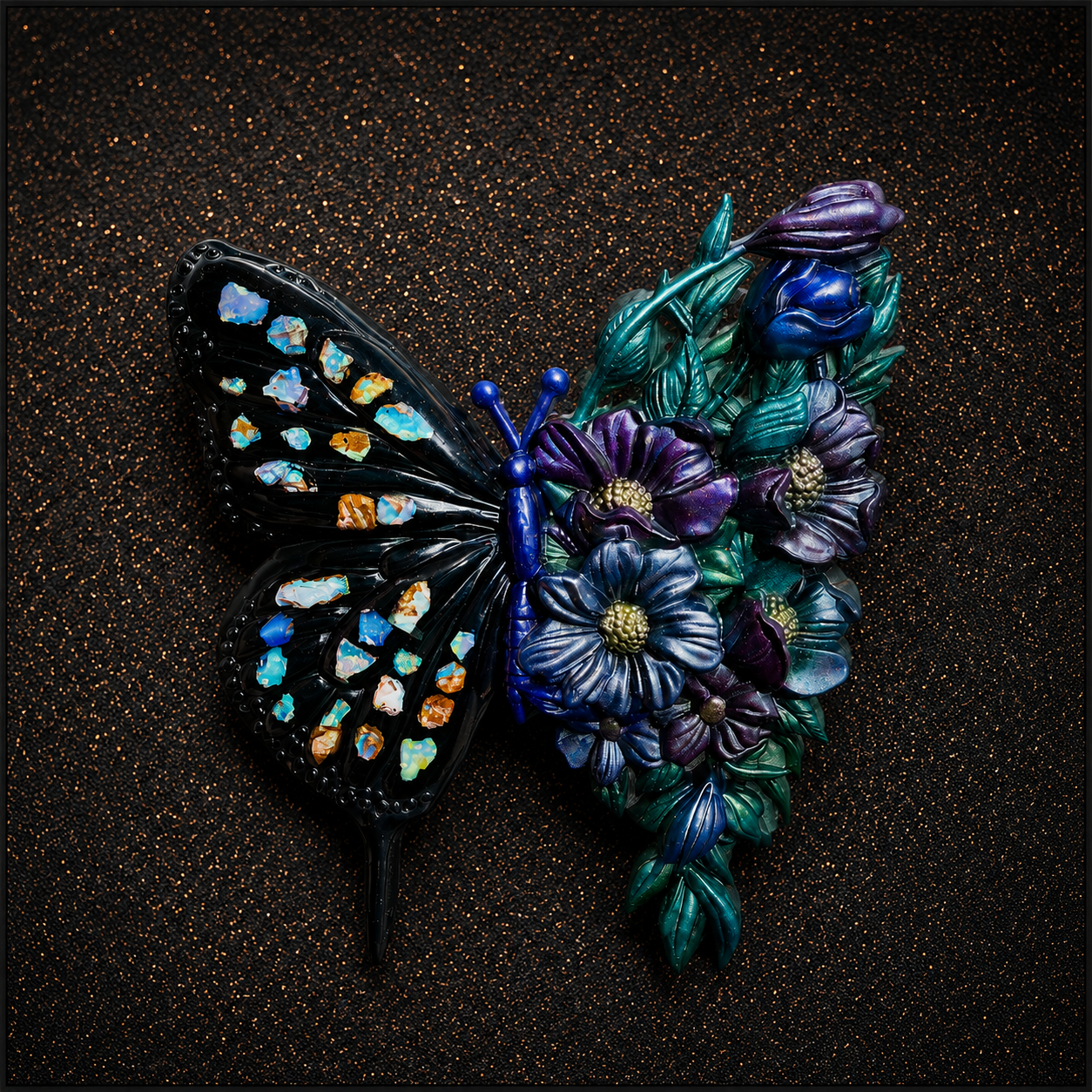 Genuine Yowah Opal Butterfly – Handmade Resin Art with Mica Floral Detail