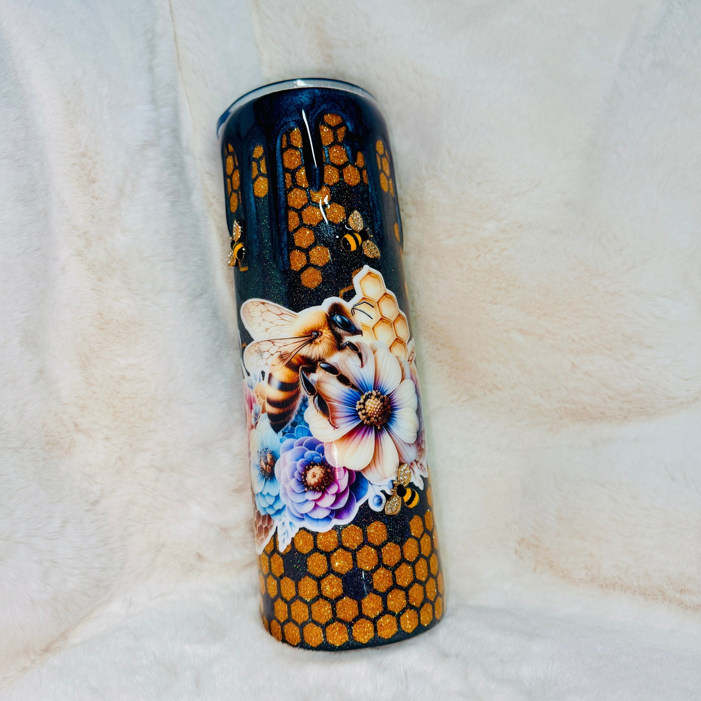 Honeycomb Dream Tumbler | Handmade Bee and Floral Glitter Cup | 20oz and 30oz | Customisable | Cold 12hrs Hot 6hrs