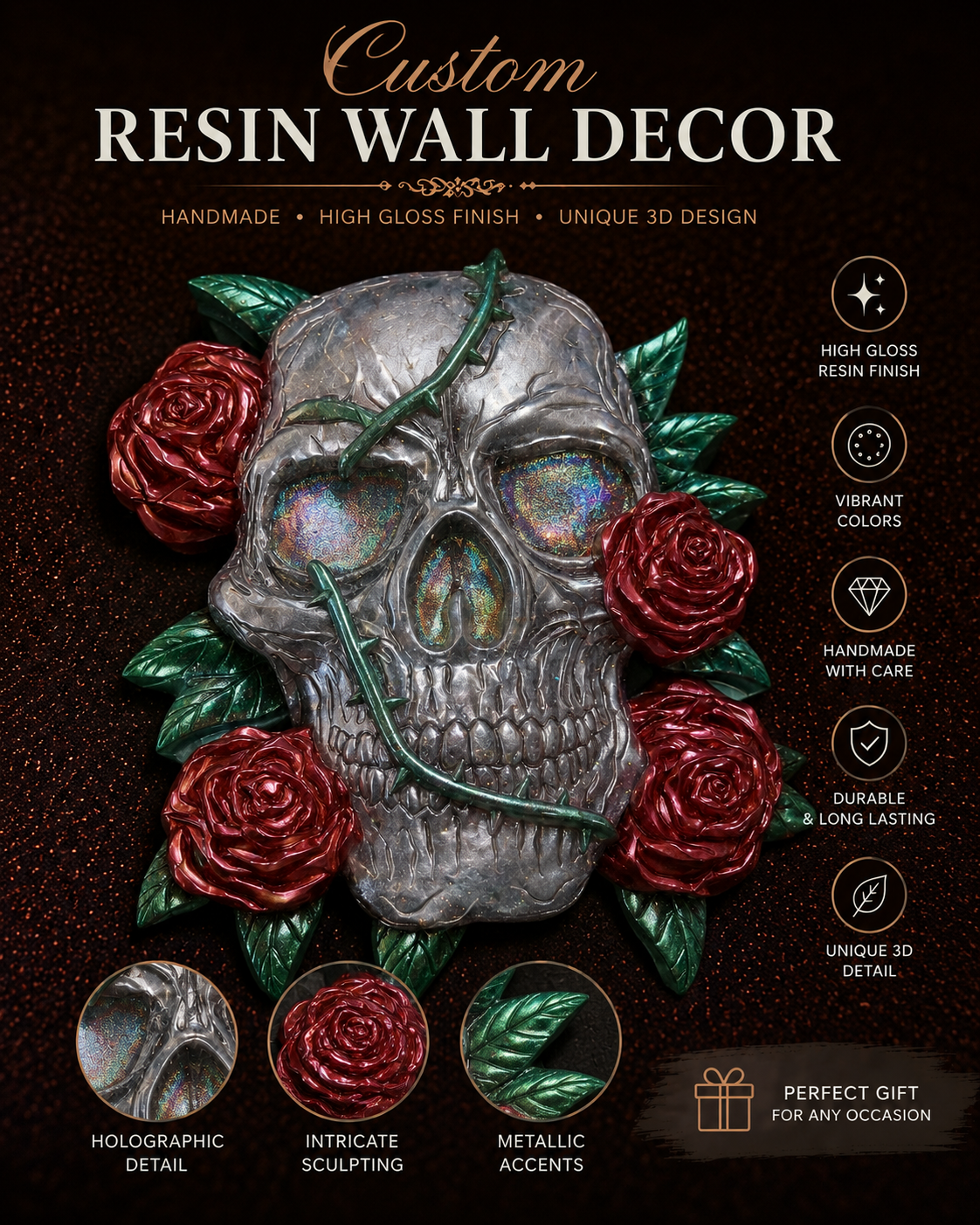 Holographic LED Resin Skull Wall Decor