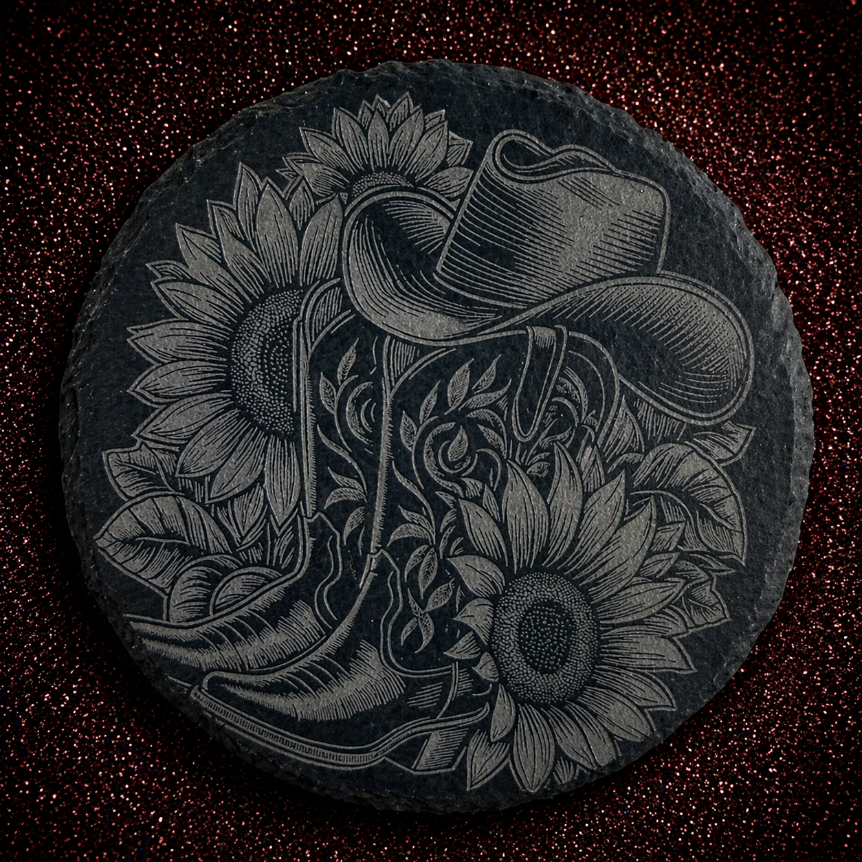 Sunflower Cowgirl Slate Coaster – Laser Engraved | Rustic Country Vibes