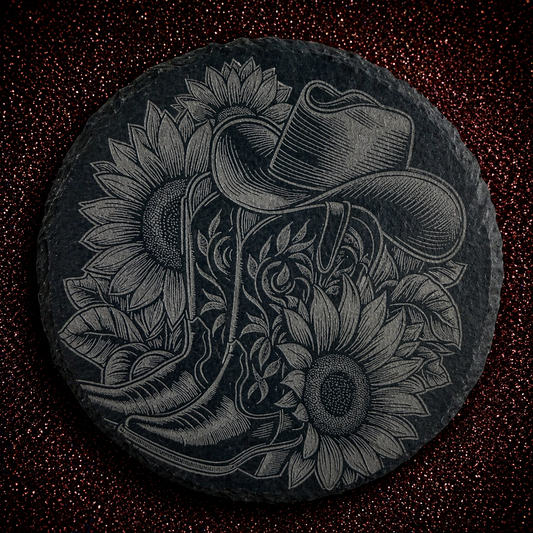 Sunflower Cowgirl Slate Coaster – Laser Engraved | Rustic Country Vibes
