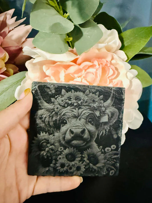 Highland Cow Floral Slate Coaster Set | Black & Grey Rustic Farmhouse Drink Coasters
