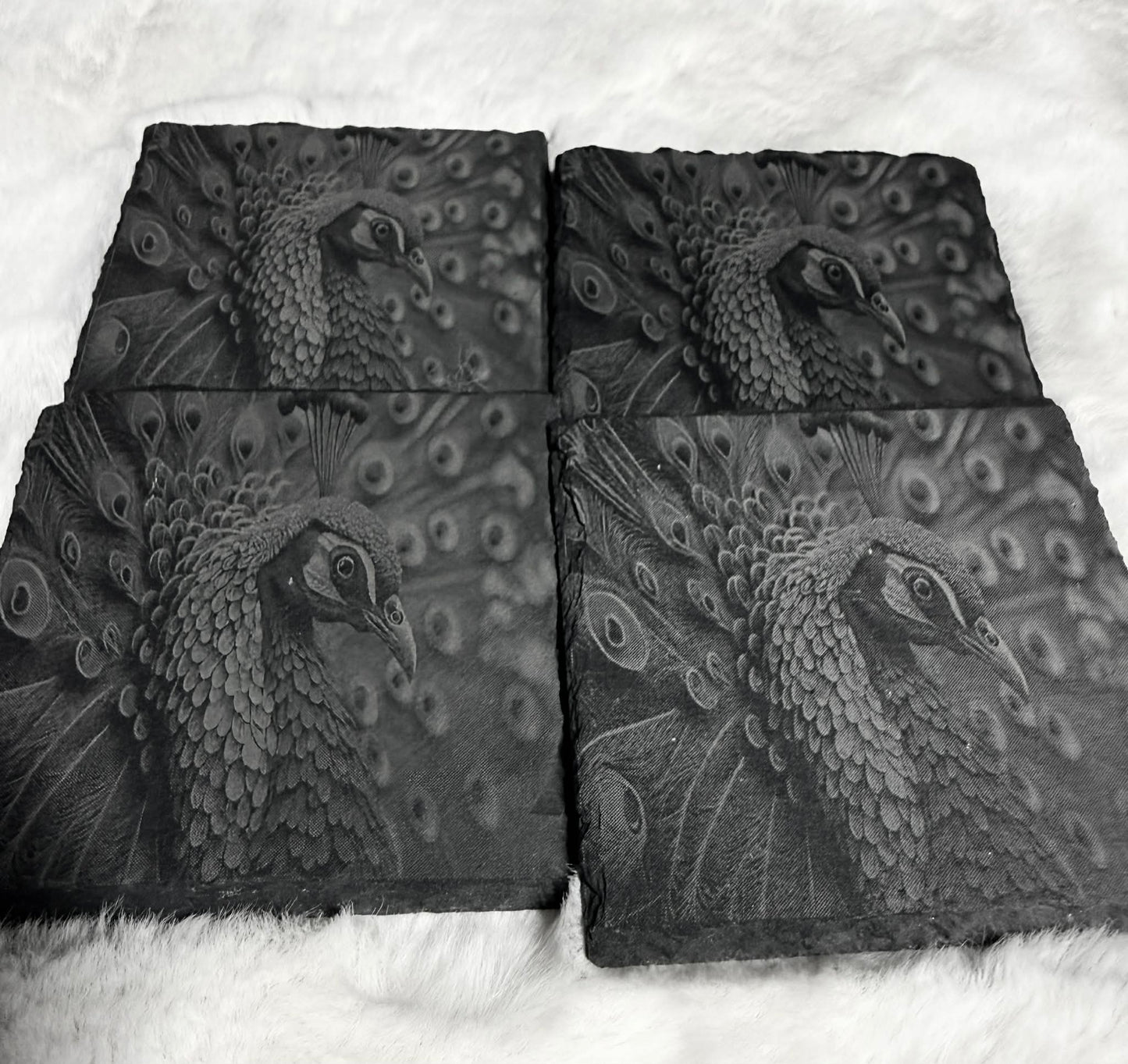Laser Engraved Peacock Slate Coasters | Natural Stone Home Décor