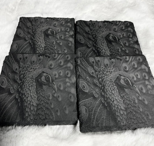 Laser Engraved Peacock Slate Coasters | Natural Stone Home Décor
