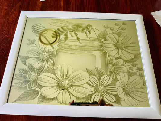 Laser Engraved Floral Bee Mirror | Rustic Farmhouse Wall Decor